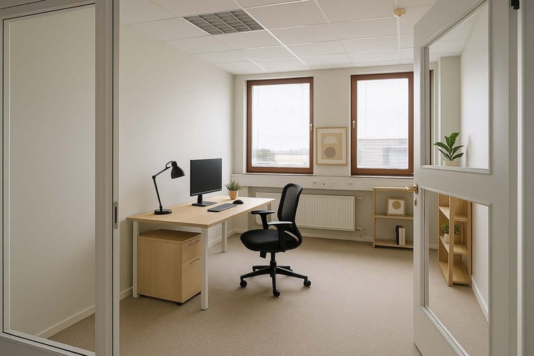 Modern office room with wooden desk, black office chair, computer monitor, desk lamp, two large windows with brown frames, wooden shelving unit, and minimalist decor