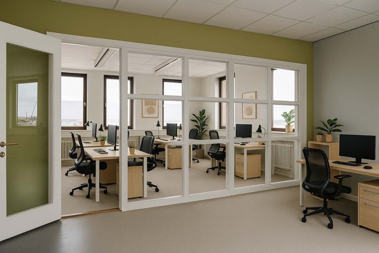 Modern office space with glass-walled conference rooms, desks with computers, ergonomic chairs, and potted plants in a bright, neutral interior