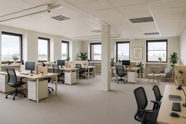 Modern open-plan office space with beige desks, black office chairs, large windows, potted plants, and support columns throughout the bright room